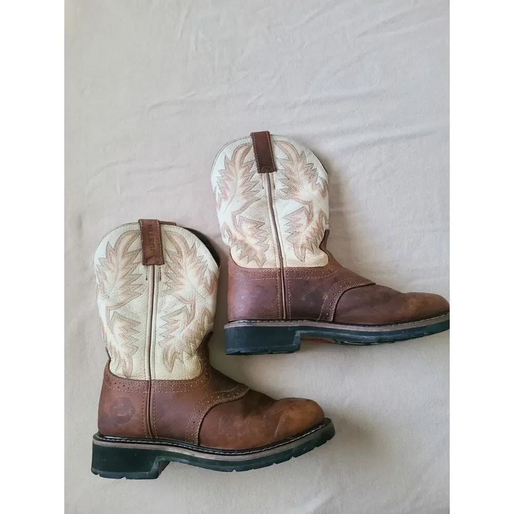 Justin WK4660 Stampede Brown Tan Leather Western Work Boots Men’s Size 7D